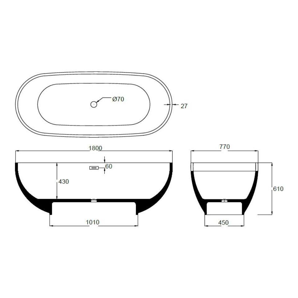 180 x 77 BAĞIMSIZ KÜVET SİYAH BEYAZ