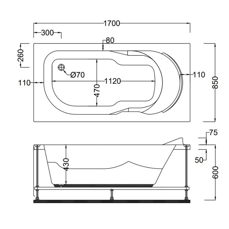 170 X 85 X 60H. JAKUZİ DİKDÖRTGEN BAEZA