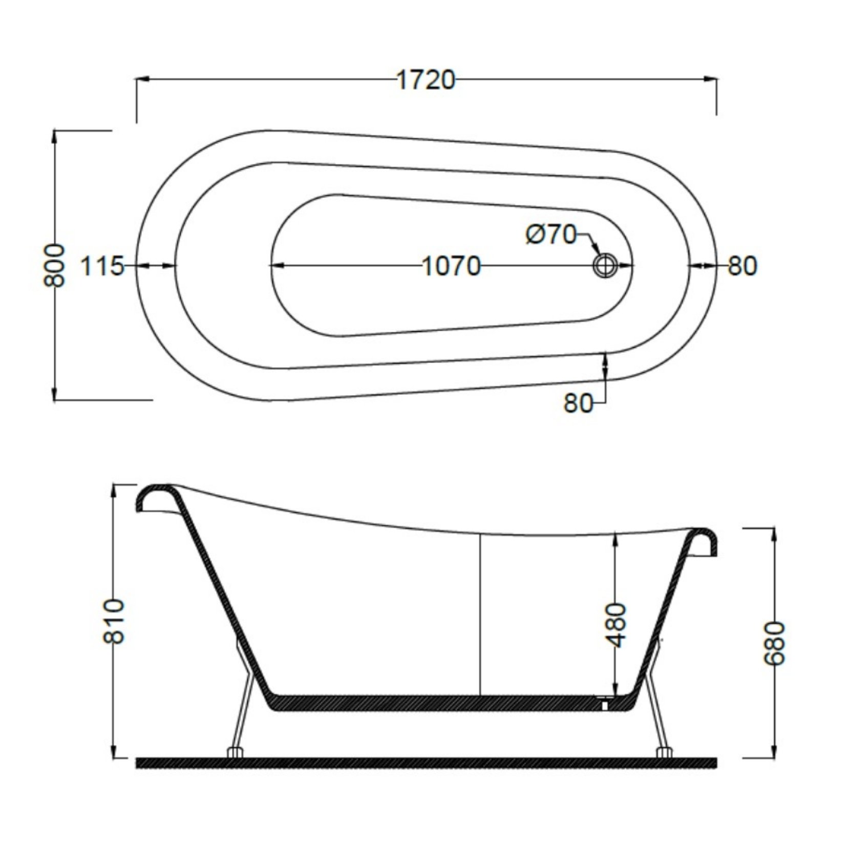 172 x 80 AYAKLI KÜVET BEYAZ SİYAH