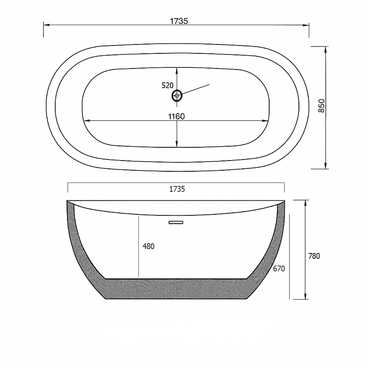 174 x 86 BAĞIMSIZ KÜVET SİYAH BEYAZ