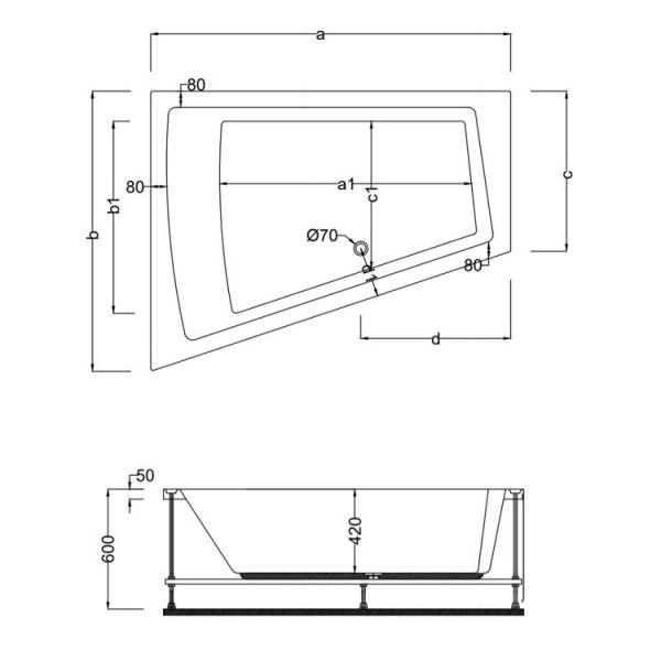 170x100x80 Jakuzi Asimetrik Dikdörtgen Tek Kişilik Sol Kaunos