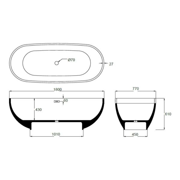 180 x 77 BAĞIMSIZ KÜVET SİYAH
