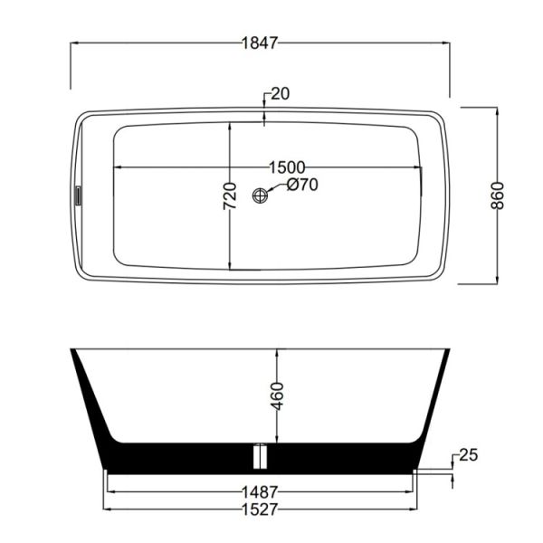 185 x 86 BAĞIMSIZ KÜVET SİYAH BEYAZ