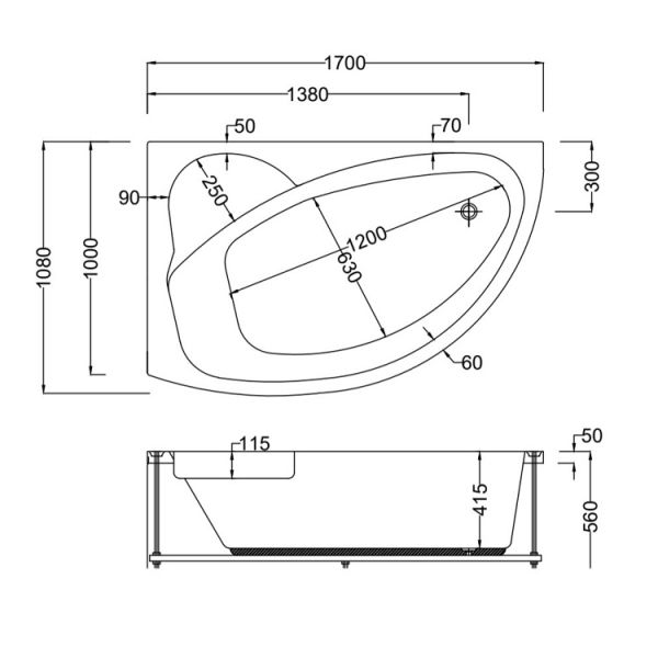 170x100 Jakuzi Asimetrik Oval Köşe Tek Kişilik Sağ Myra