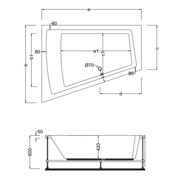 170 X 100 X 80 ASİMETRİK KÜVET SAĞ LÜX KAUNOS