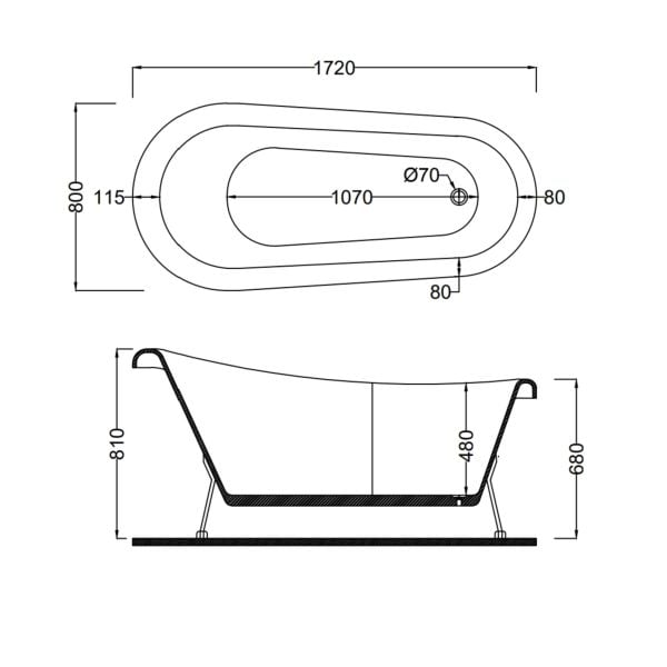 172 x 80 AYAKLI KÜVET BEYAZ KROM